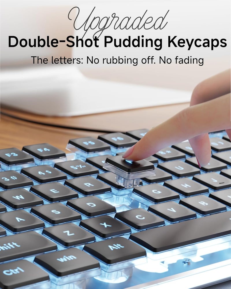 SEUNKWANG EWEADN GX710S Backlit Computer Keyboards, Wired USB Keyboard with Blue Backlit, Metal Panel, Plug and Play, Pudding Keycaps Full Size Quite Computer Keyboard for Win/PC/Laptop-Black - Image 3